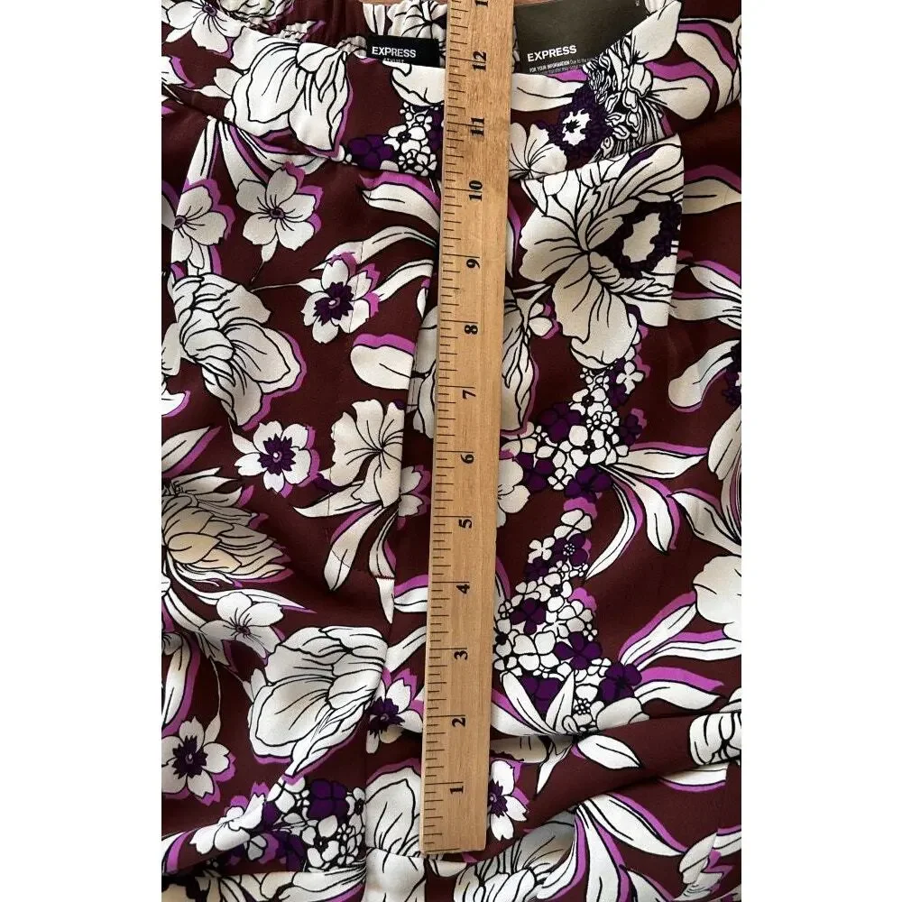 NWT Express Stylist Super High Rise Satin Pleated Wide Leg Maroon Floral Pants 6